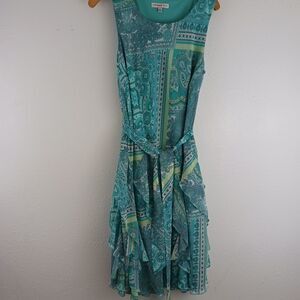 Robbie Bee blue & green sleeveless paisley chiffon ruffle maxi dress size 12